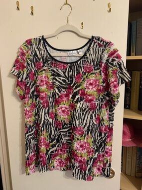 Kim Rogers Black White Zebra Floral Tee with Pink and Green Accents